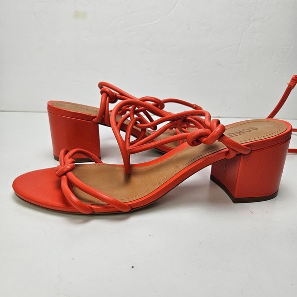 NWOT Schutz Nicky‎ Mid Nappa Sandals 9 Orange Strappy Block Heels Ankle Wrap Tie - Picture 2 of 7